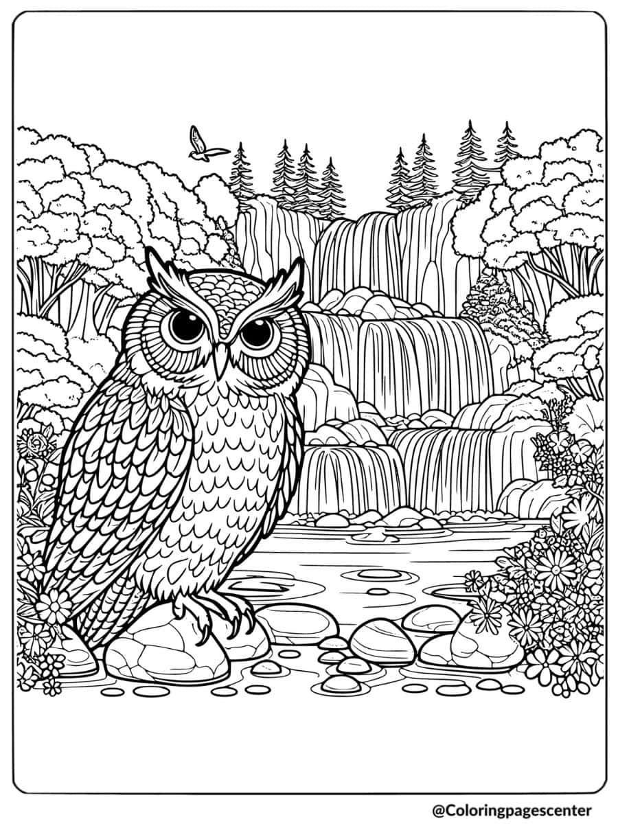 Owl sitting by a waterfall in nature coloring page