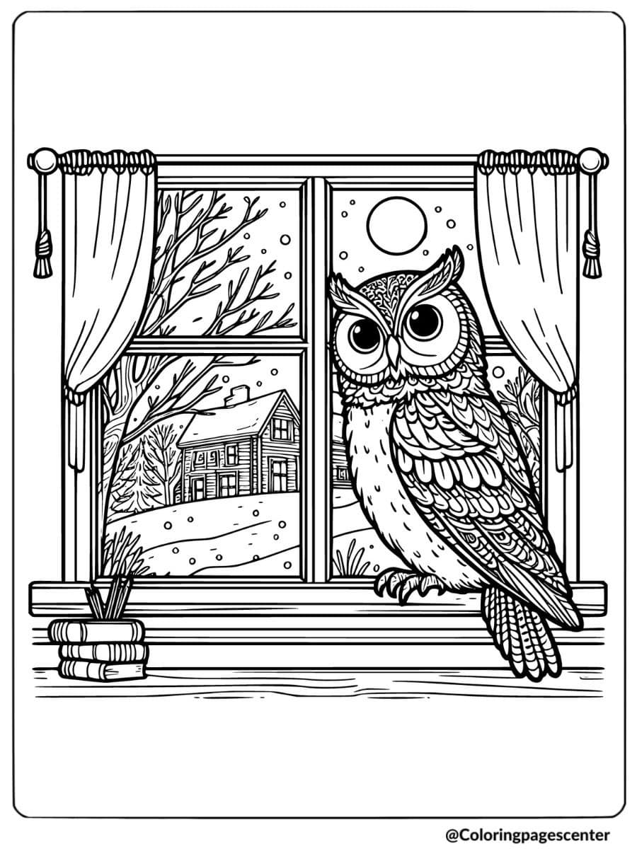 Owl by a snowy window with trees outside coloring page