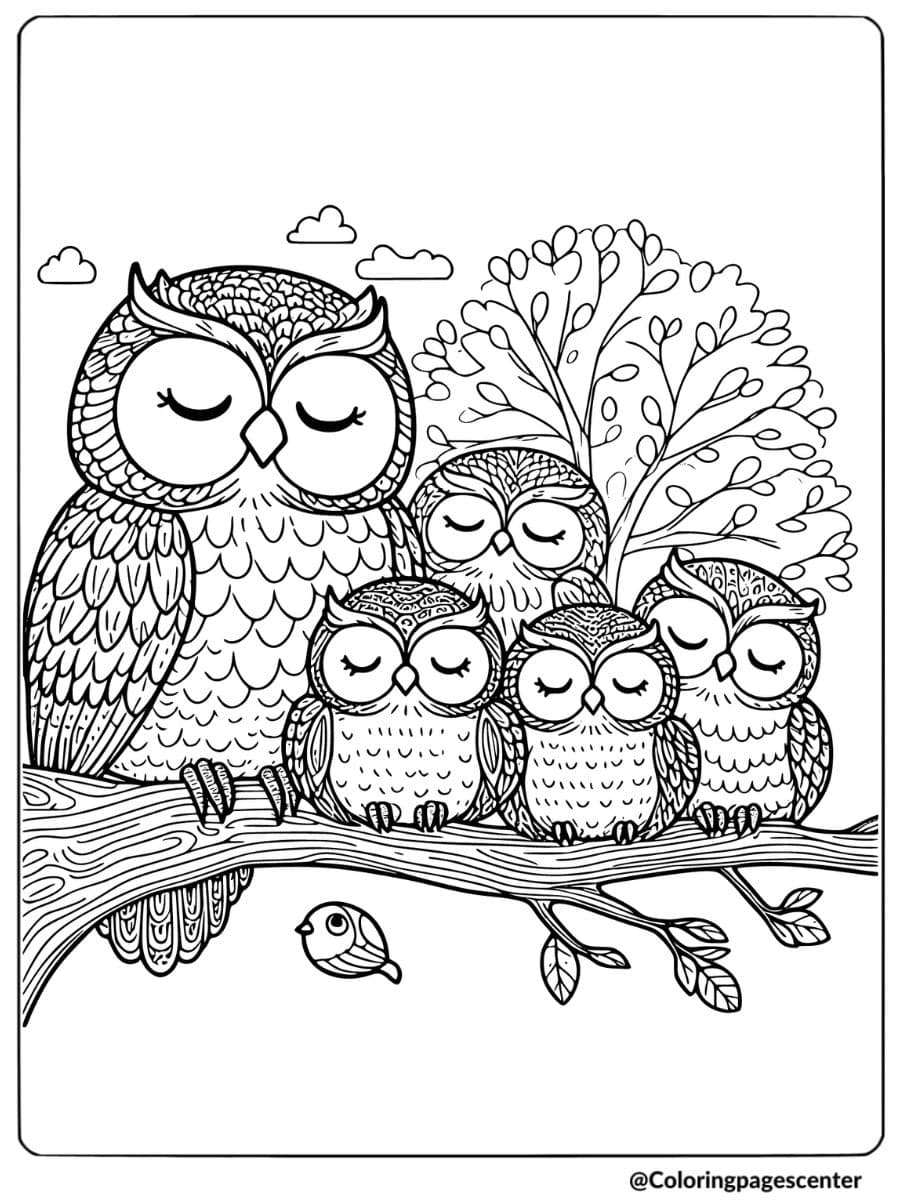 Owl family sleeping together on a tree branch coloring page