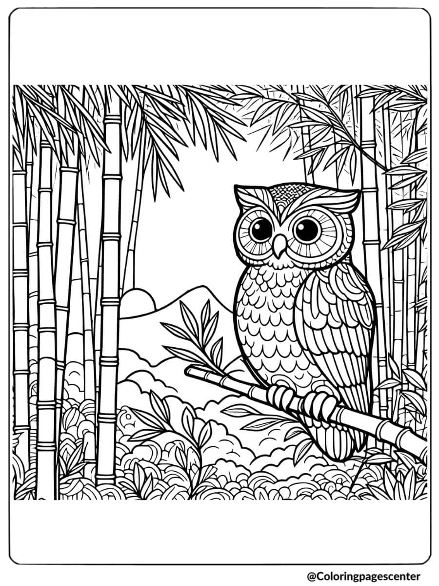 Owl in a bamboo forest with mountains coloring page