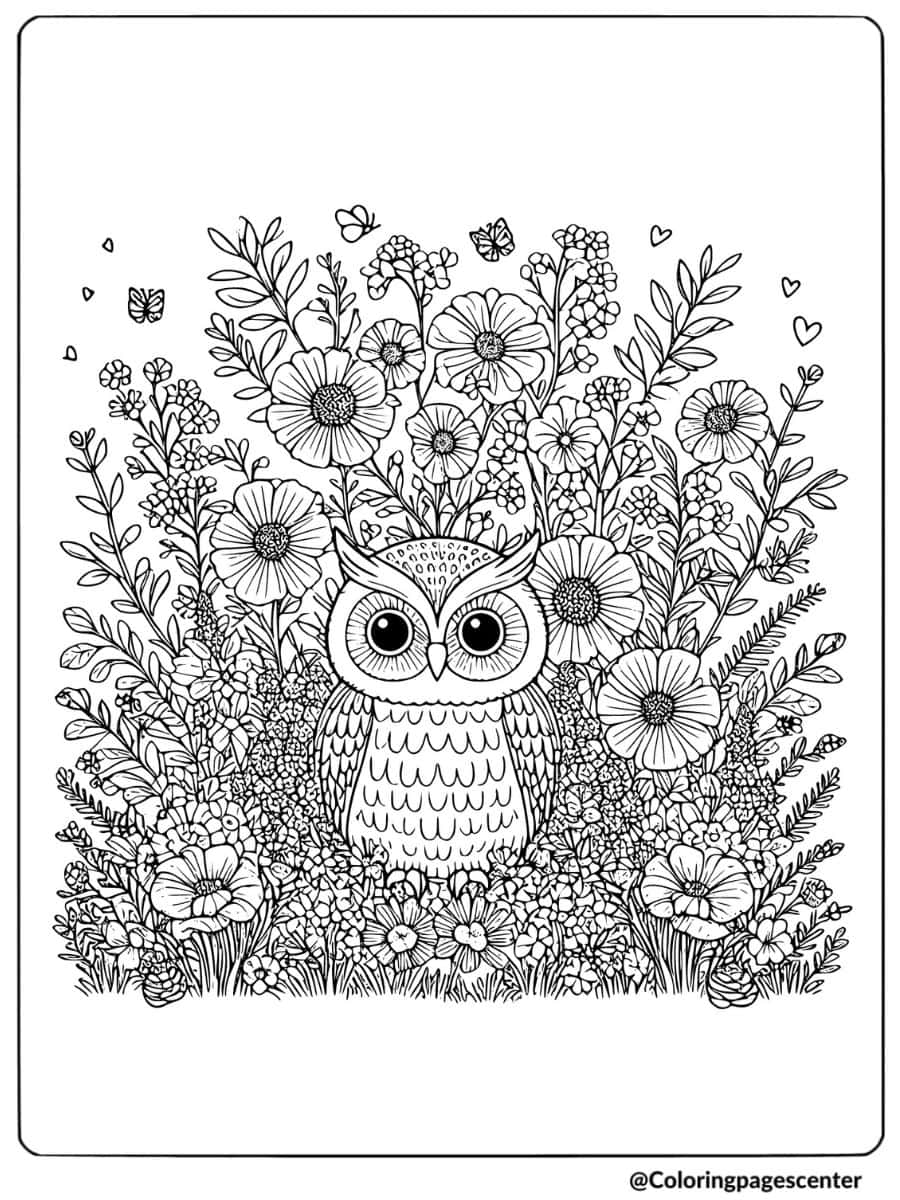 Detailed owl in a garden full of flowers coloring page