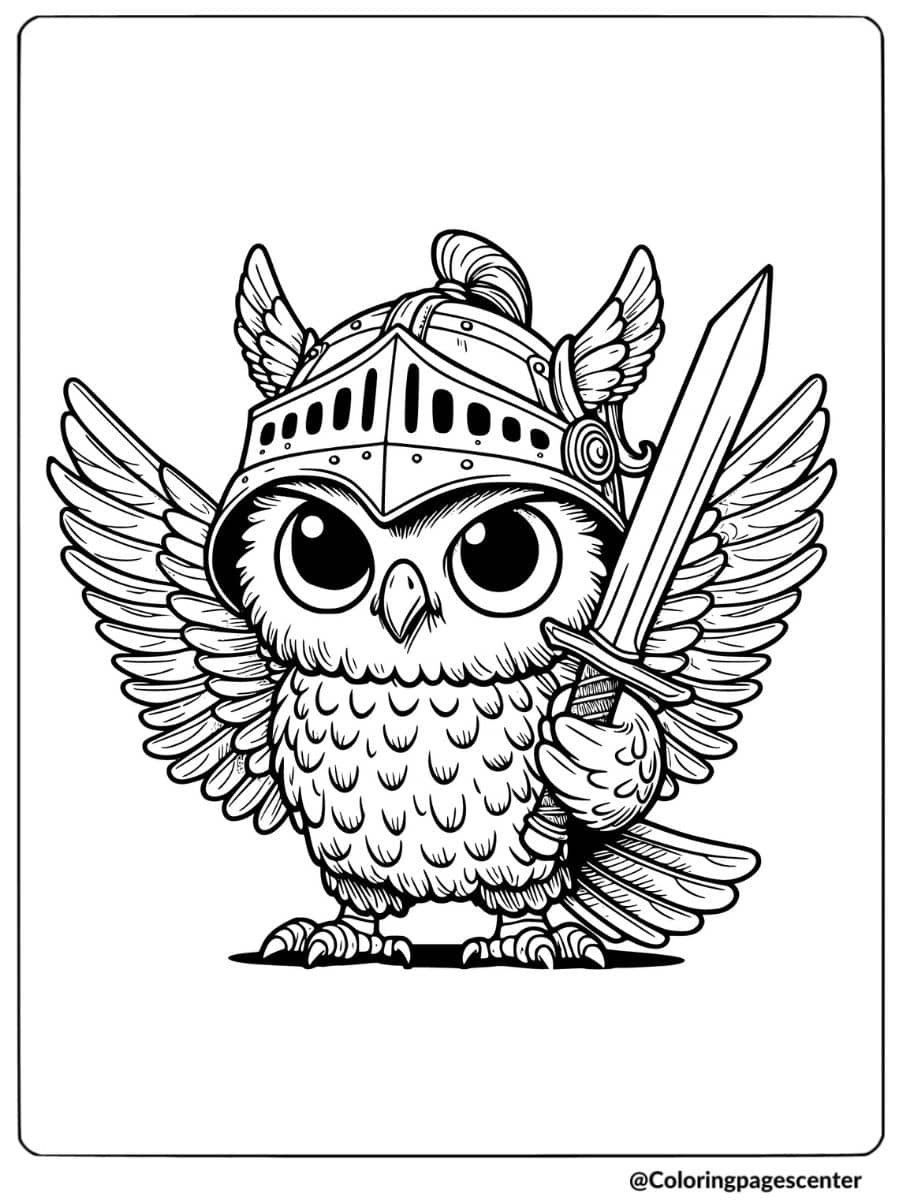 Owl in knight armor holding a sword coloring page