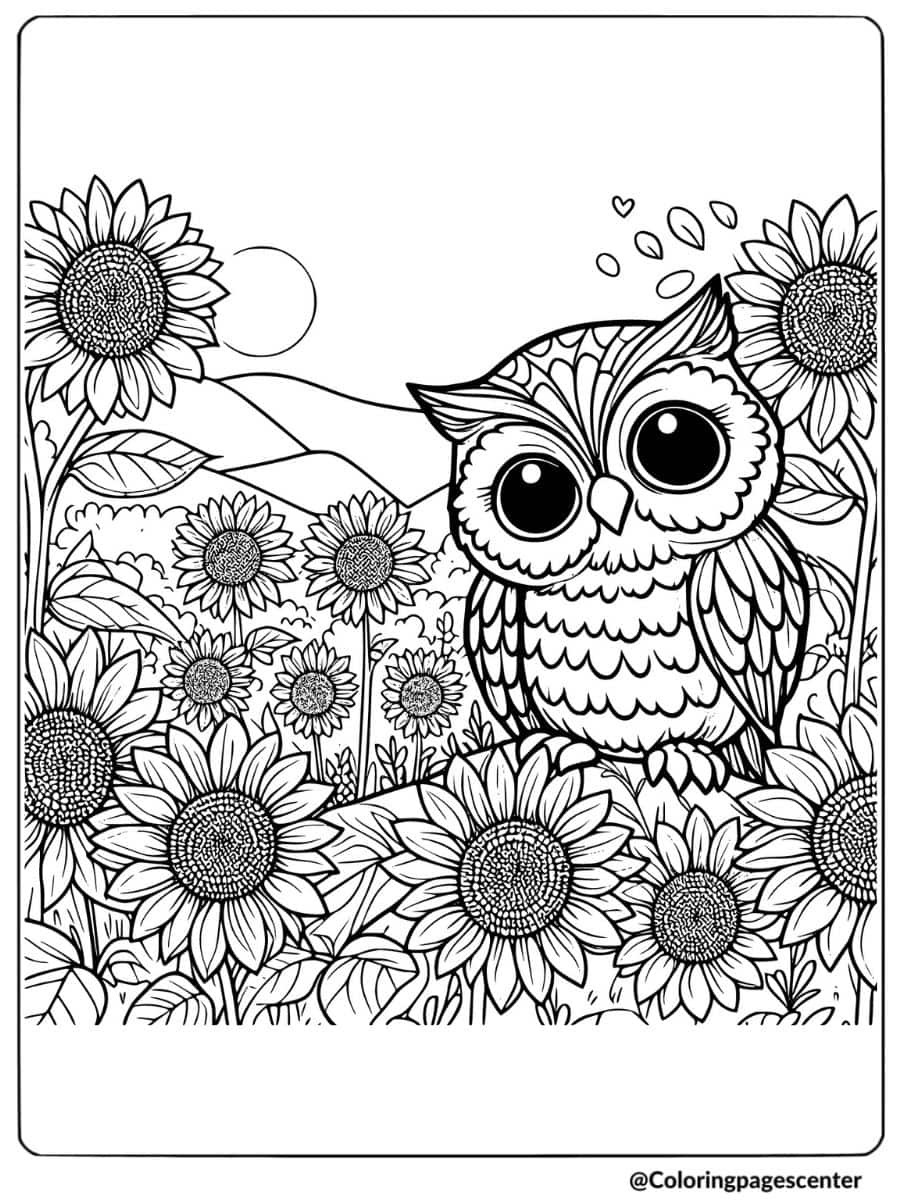 Owl surrounded by sunflowers in a field coloring page