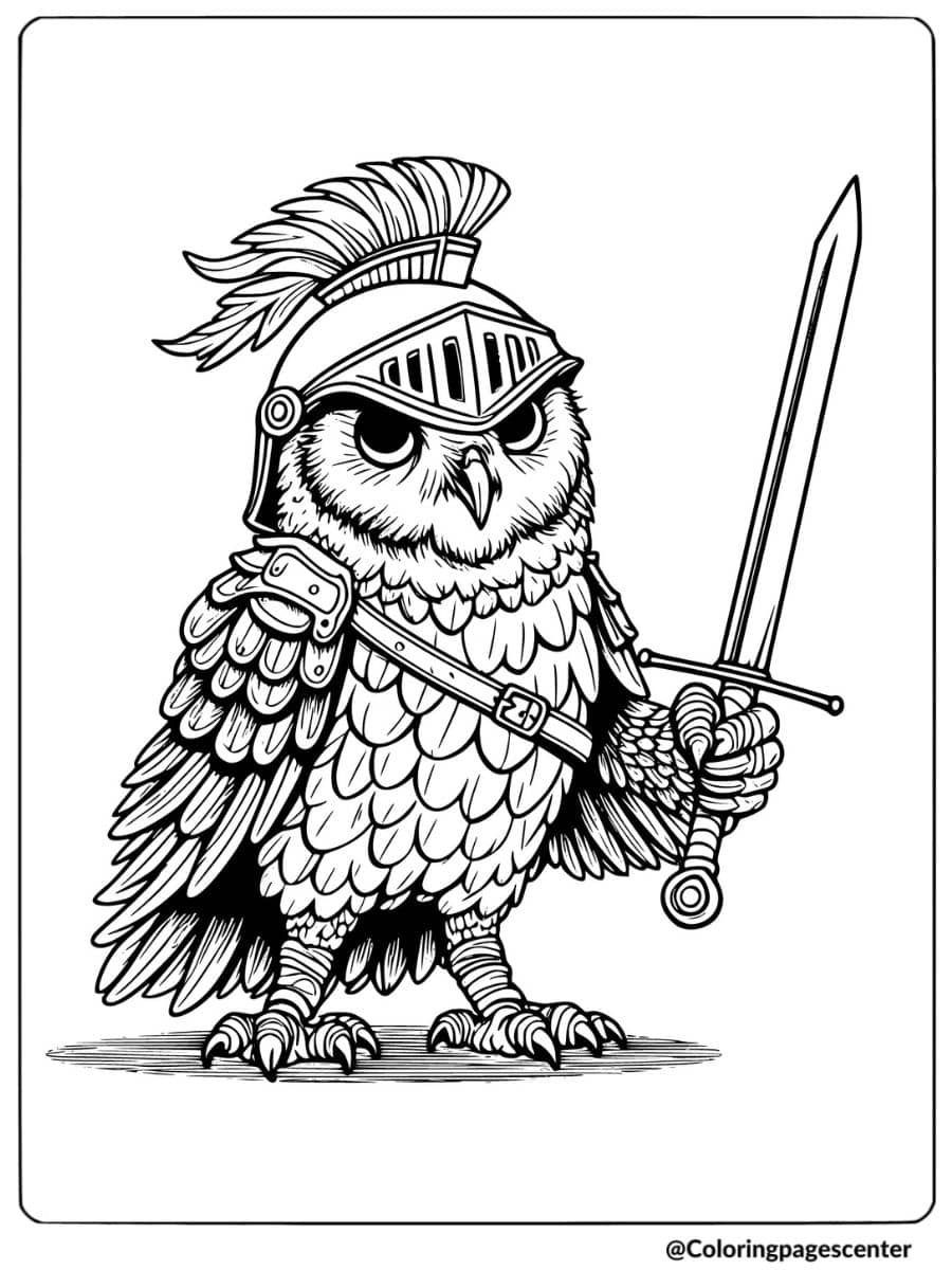 Owl dressed as a knight holding a sword coloring page