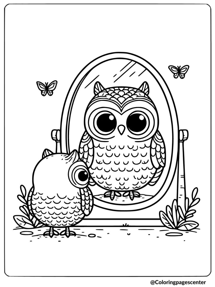 Owl gazing into a mirror with butterflies coloring page