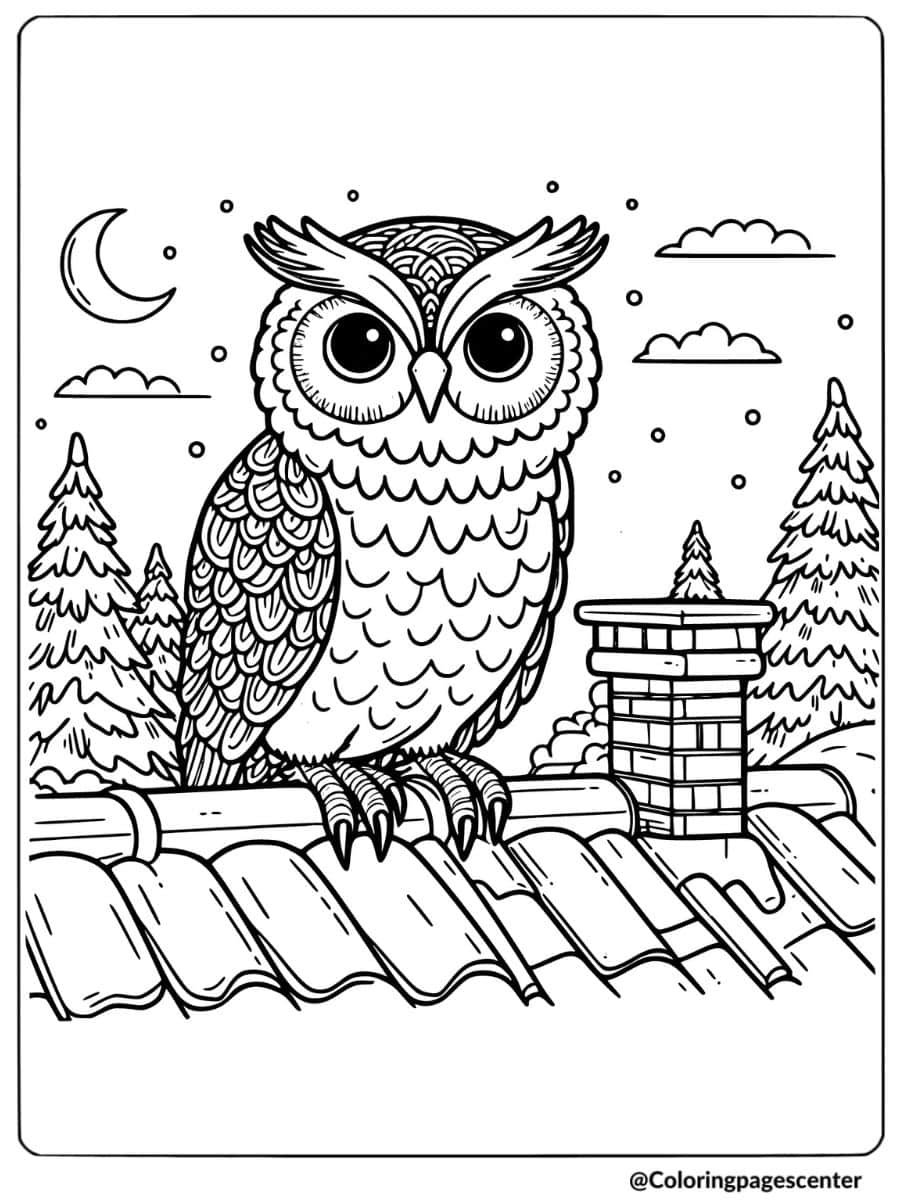 Owl perched on a roof under the moonlight coloring page