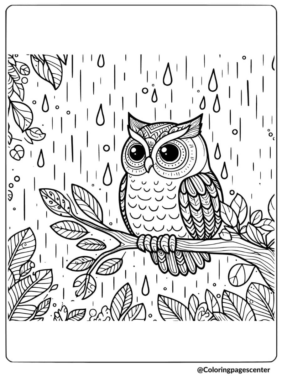 Owl perched on a branch in the rain coloring page