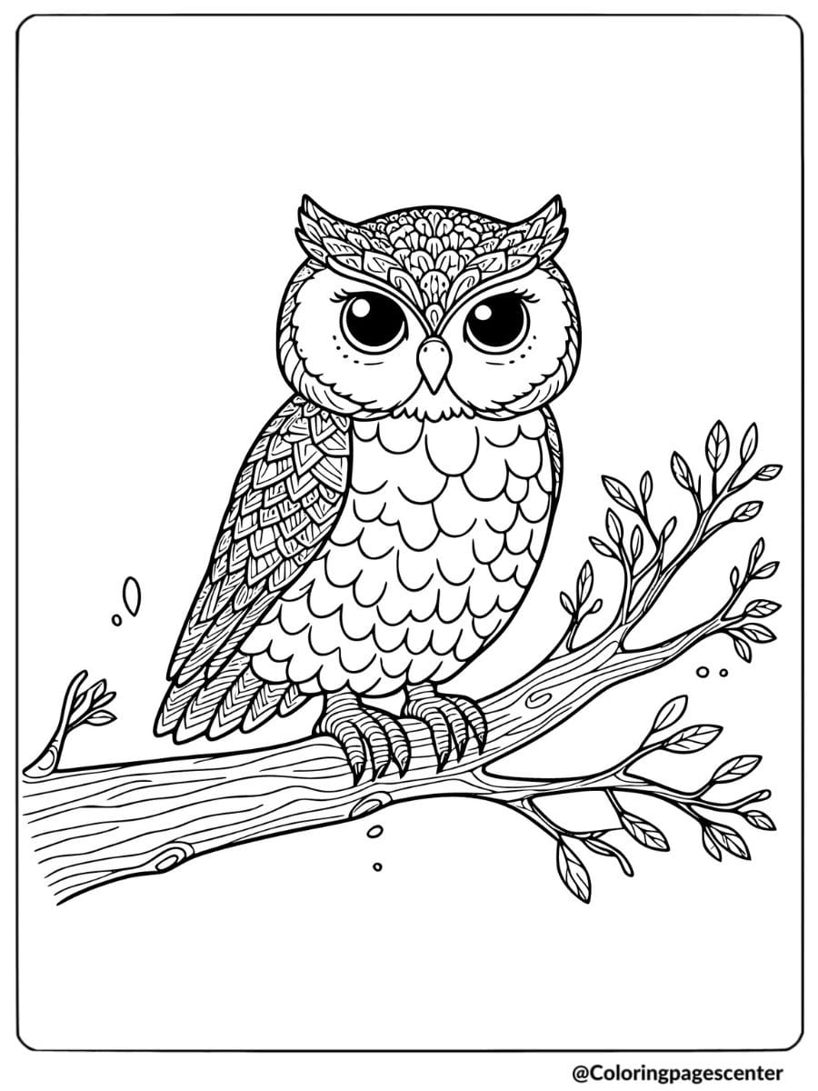 Owl sitting on a branch coloring page