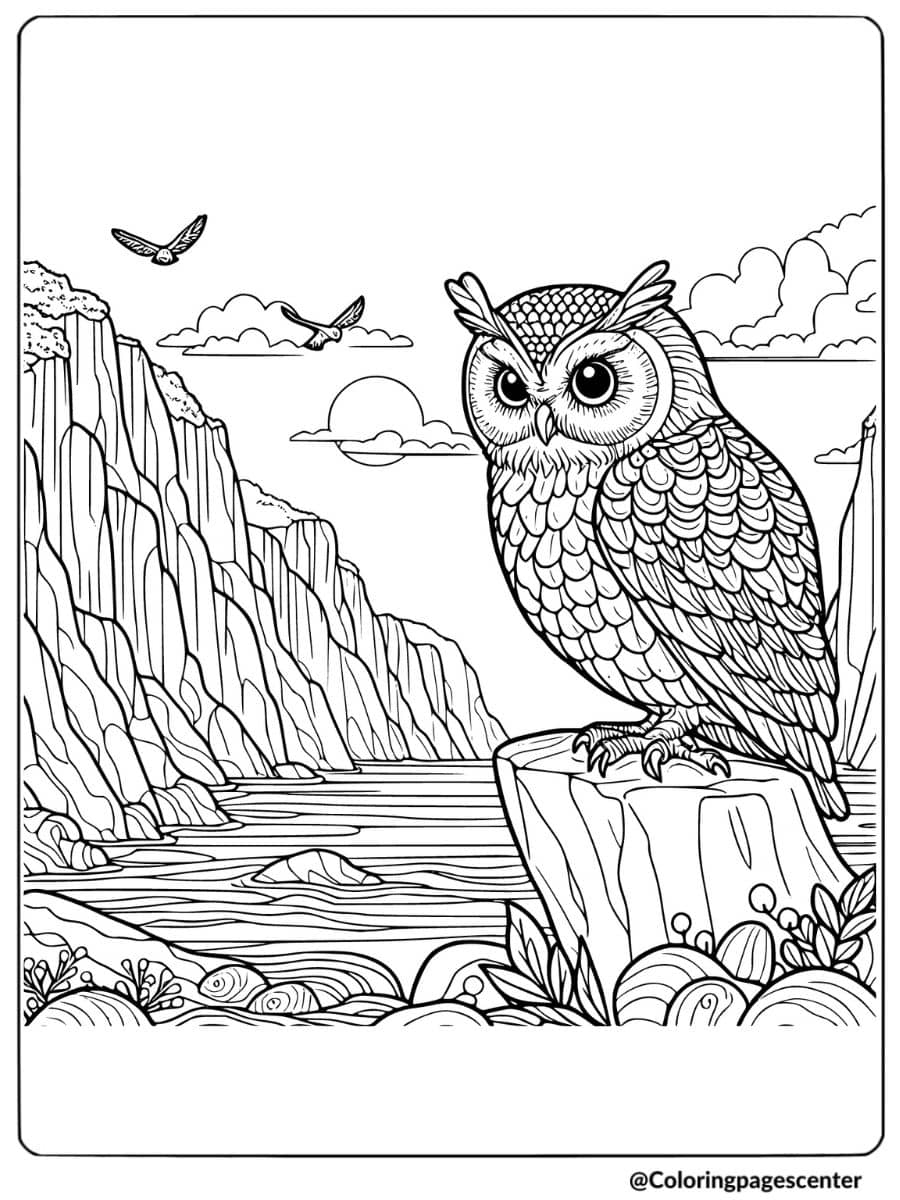 Owl sitting on a cliff by the river coloring page