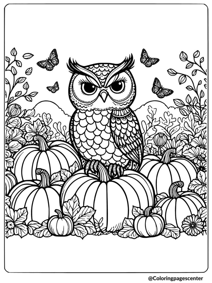 Owl sitting on pumpkins with butterflies coloring page