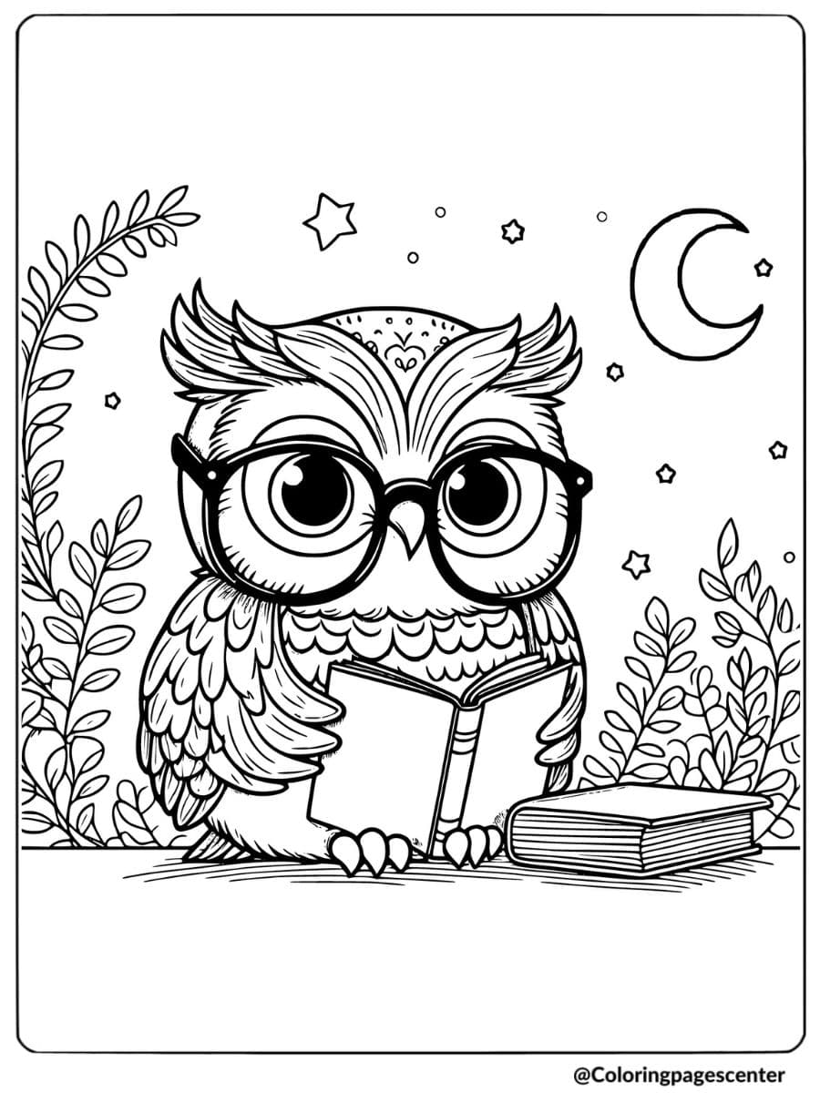 Owl with glasses reading a book at night coloring page