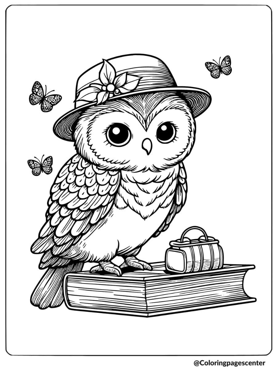 Owl wearing a hat sitting on a book with butterflies coloring page