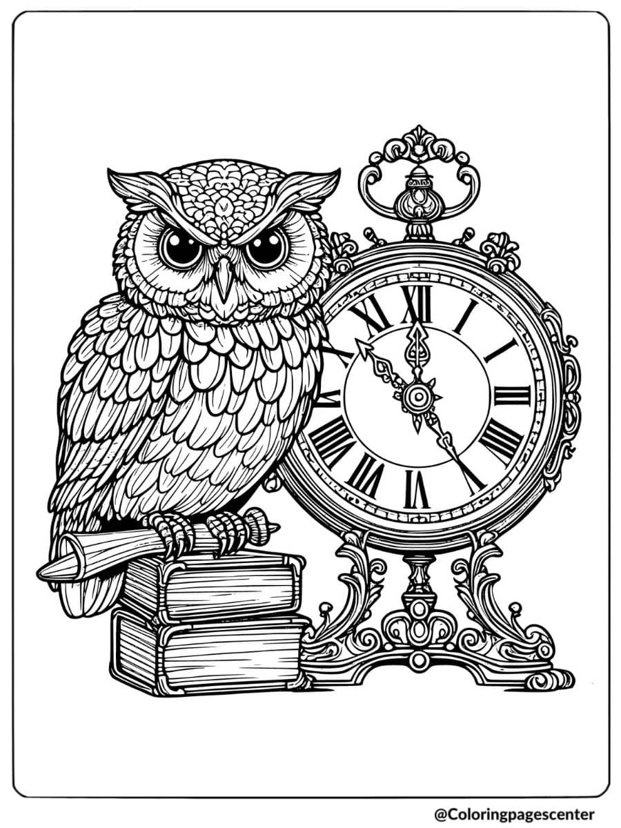 Owl sitting beside an antique clock on books coloring page