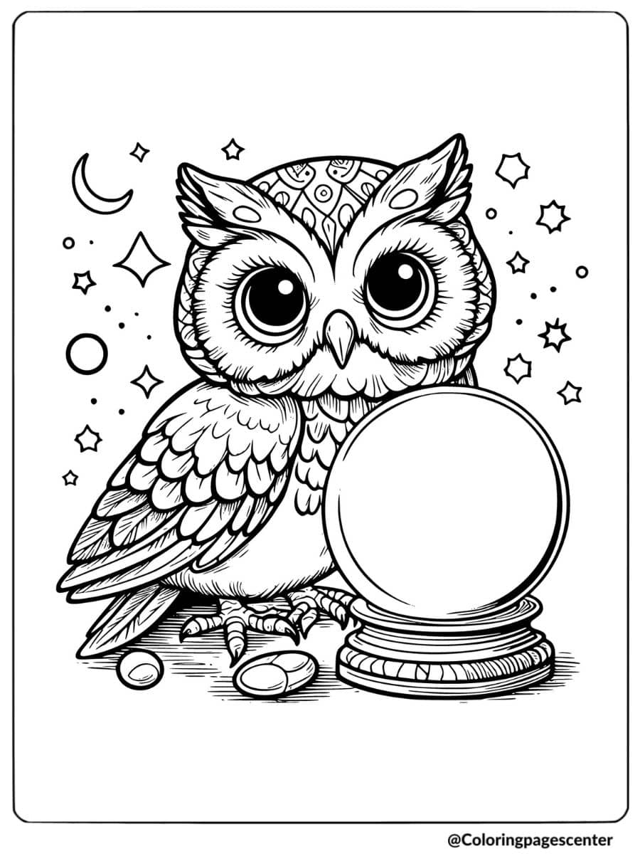 Owl sitting next to a crystal ball at night coloring page