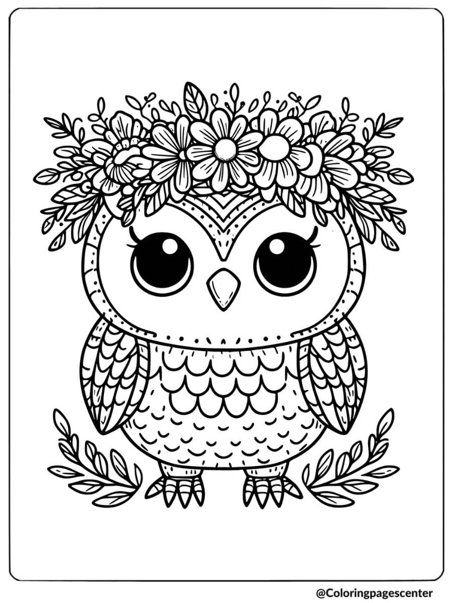 Owl wearing a floral crown with leaves coloring page