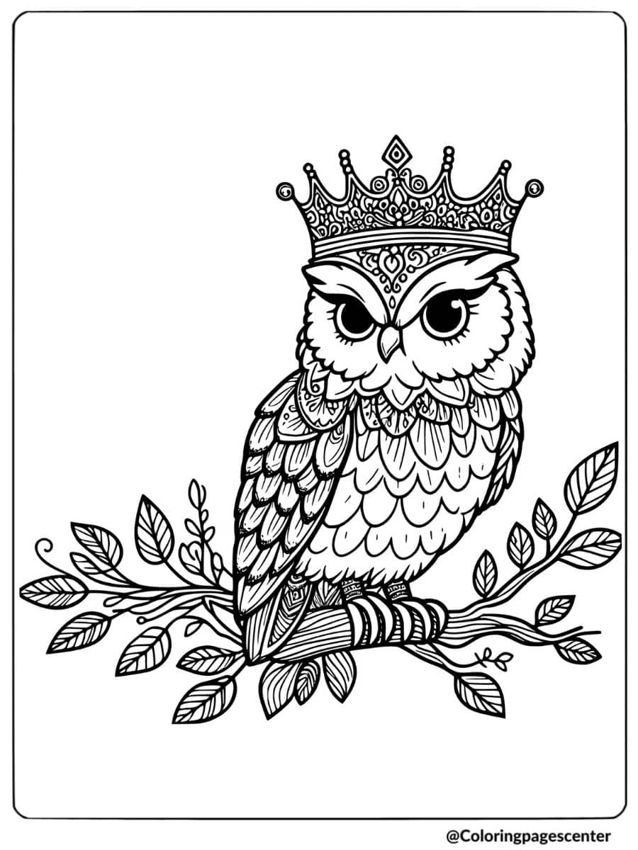 Owl perched on a branch wearing a royal crown coloring page