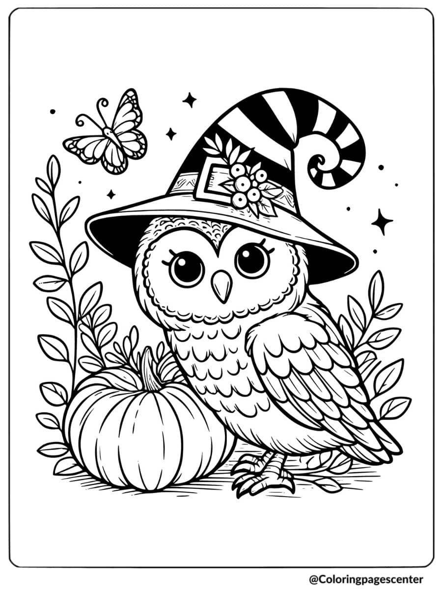 Owl with a striped witch hat and pumpkin coloring page