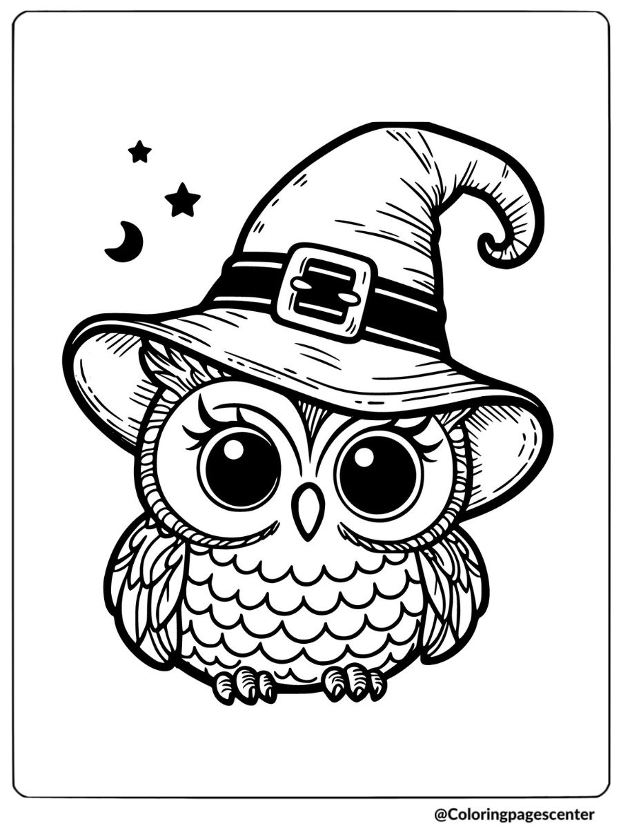 Owl wearing a witch hat under the night sky coloring page