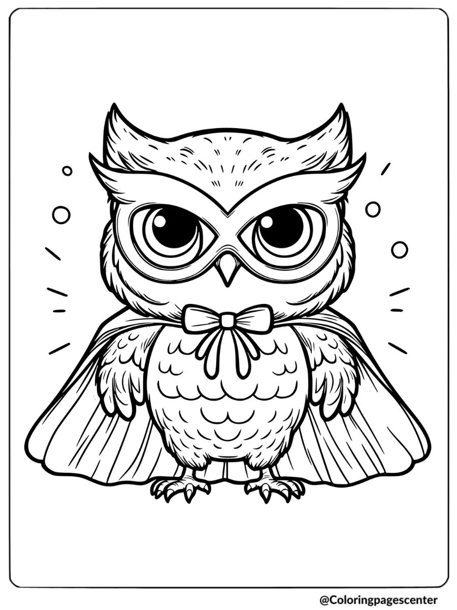 Owl dressed as a superhero with cape coloring page