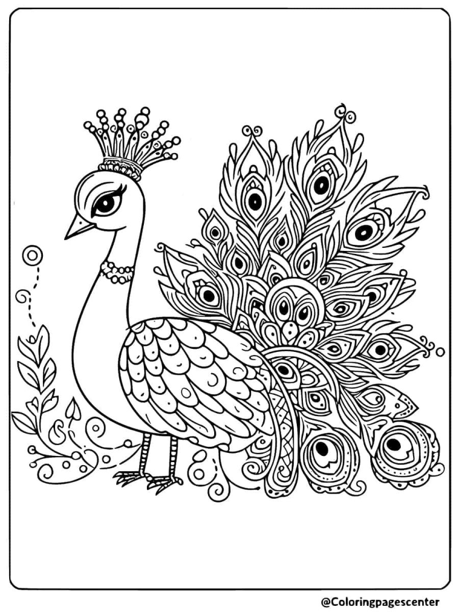 Crowned peacock with feathers coloring page