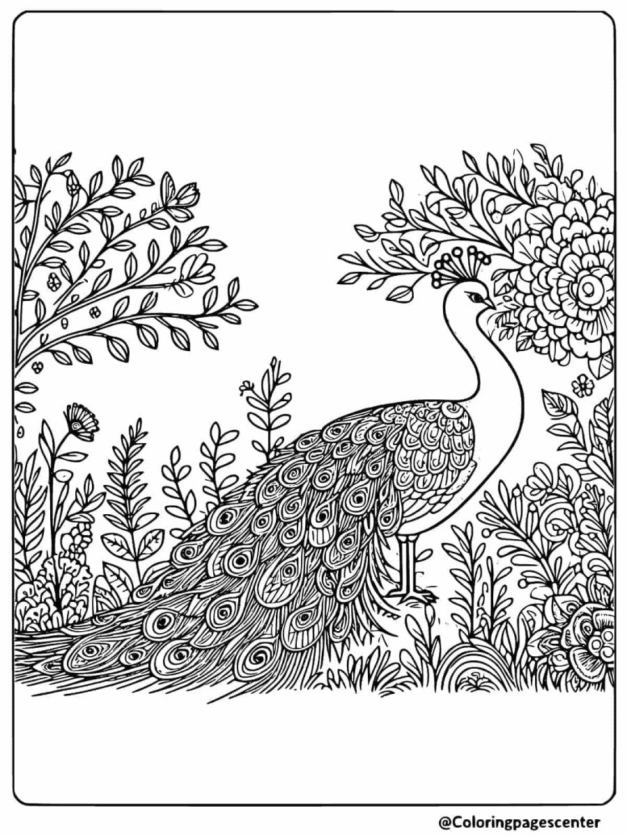 Detailed peacock in an open field coloring page