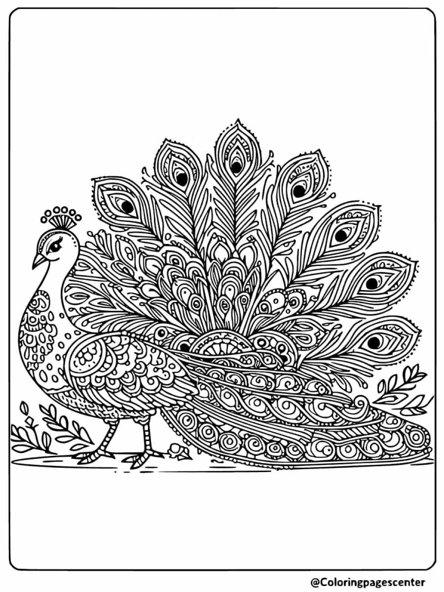 Sitting peacock with spread tail feathers coloring page