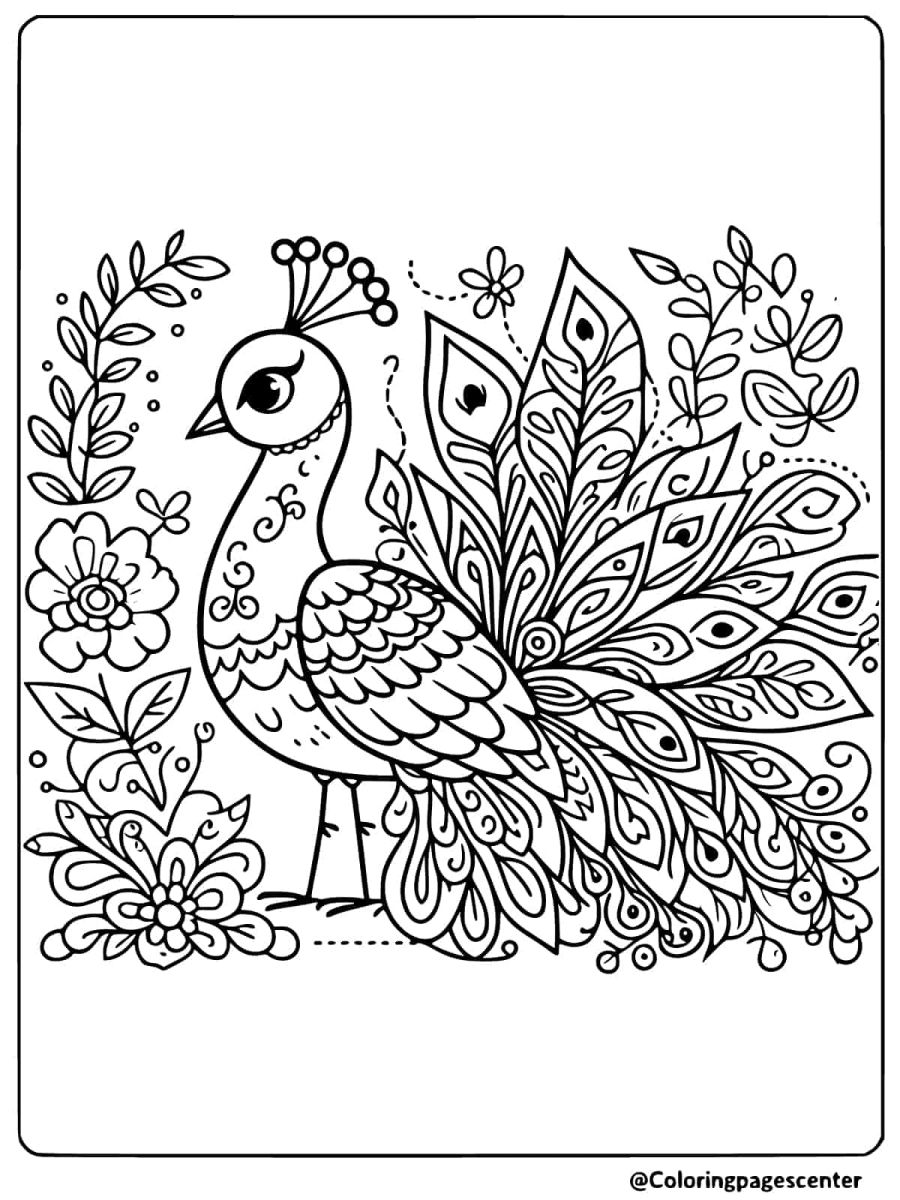 Peacock surrounded by flowers coloring page