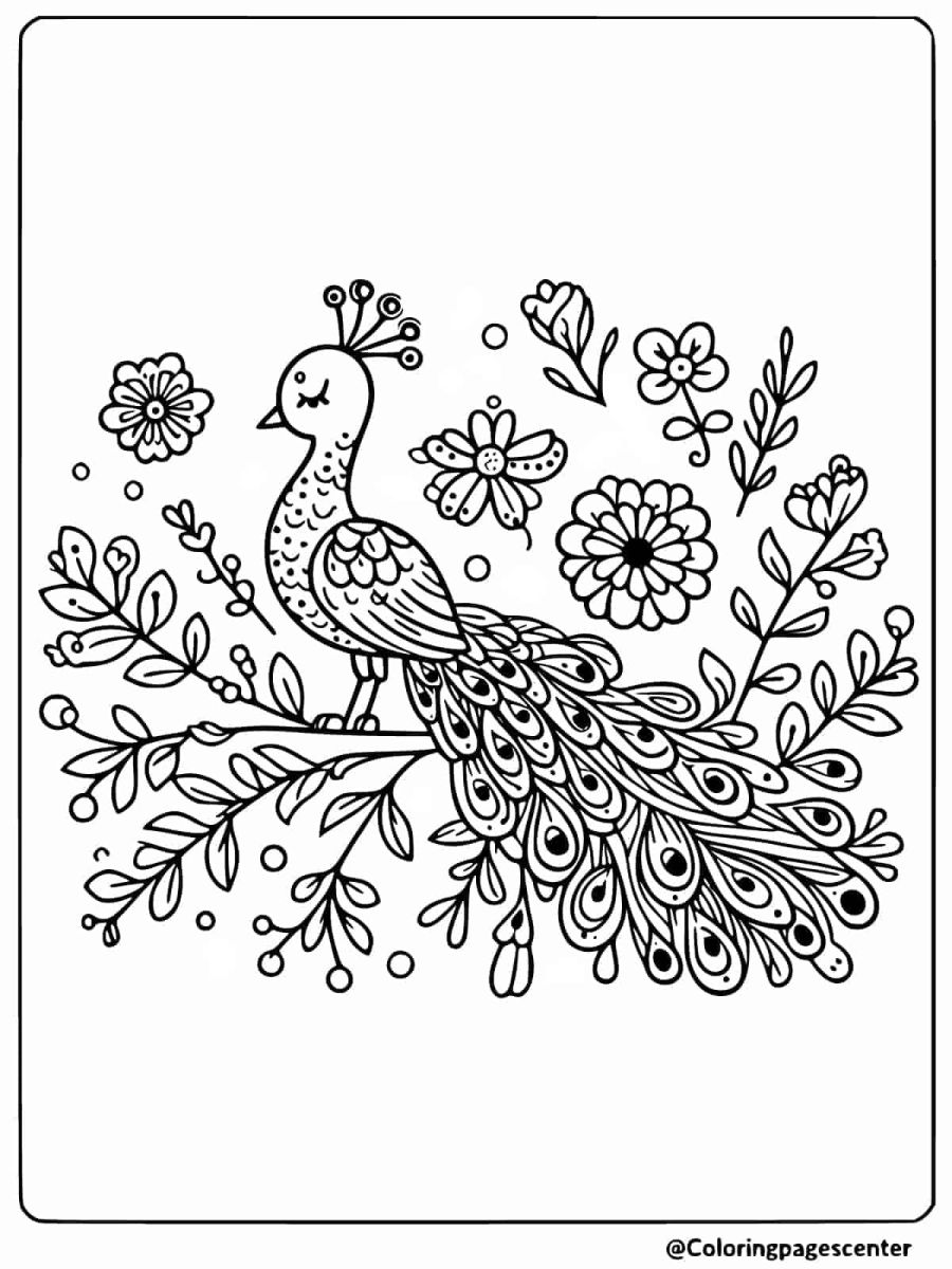 Happy peacock among flowers coloring page for kids