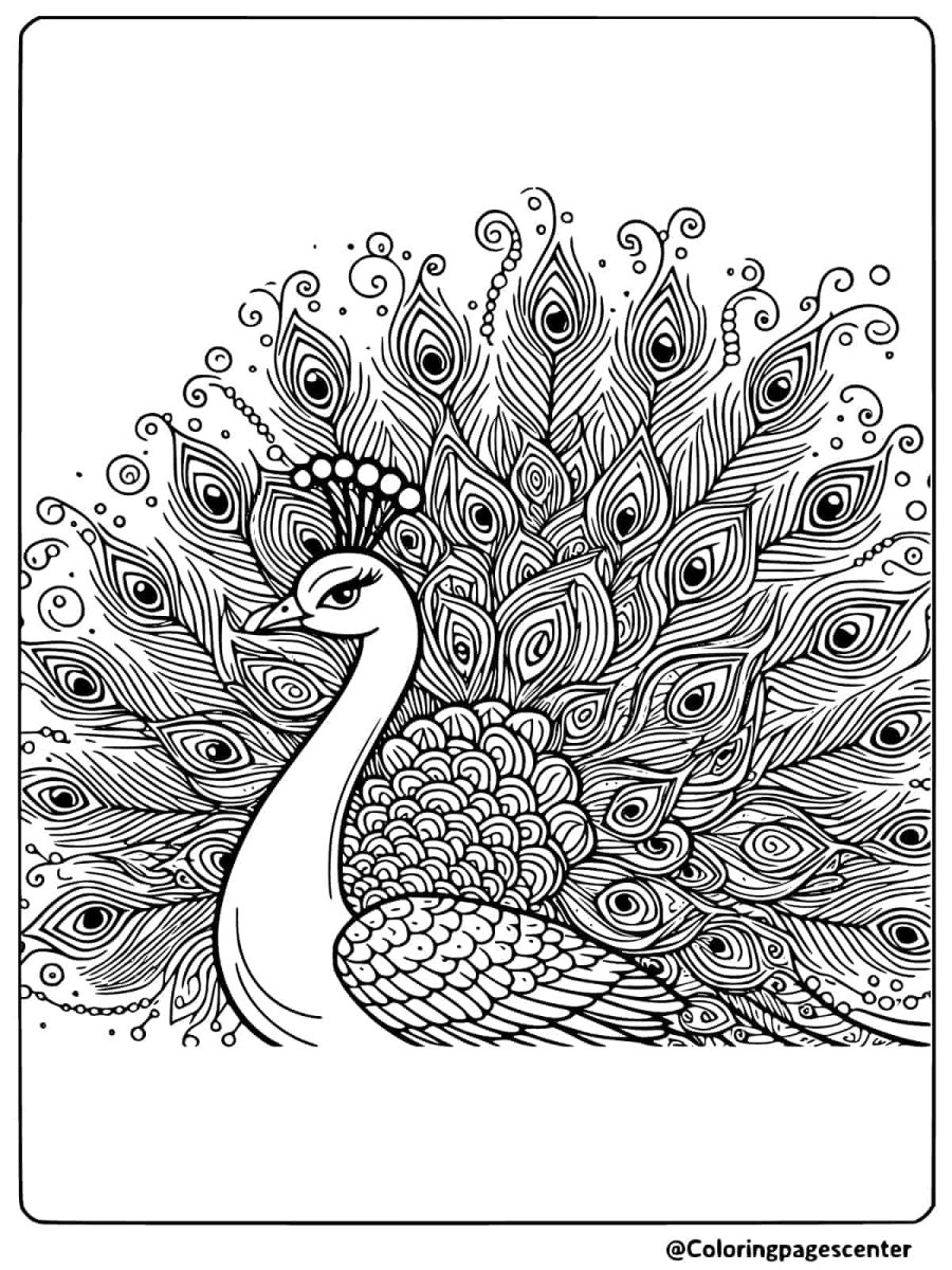 Majestic peacock with its tail spread coloring page