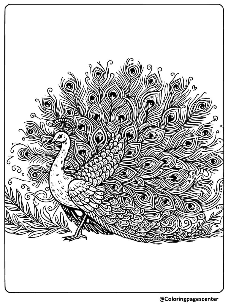 Peacock displaying fully spread feathers coloring page