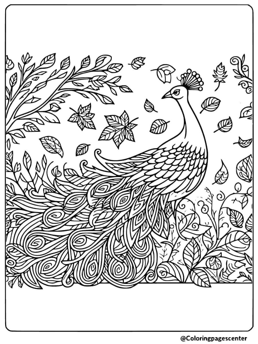 Peacock among falling leaves coloring page