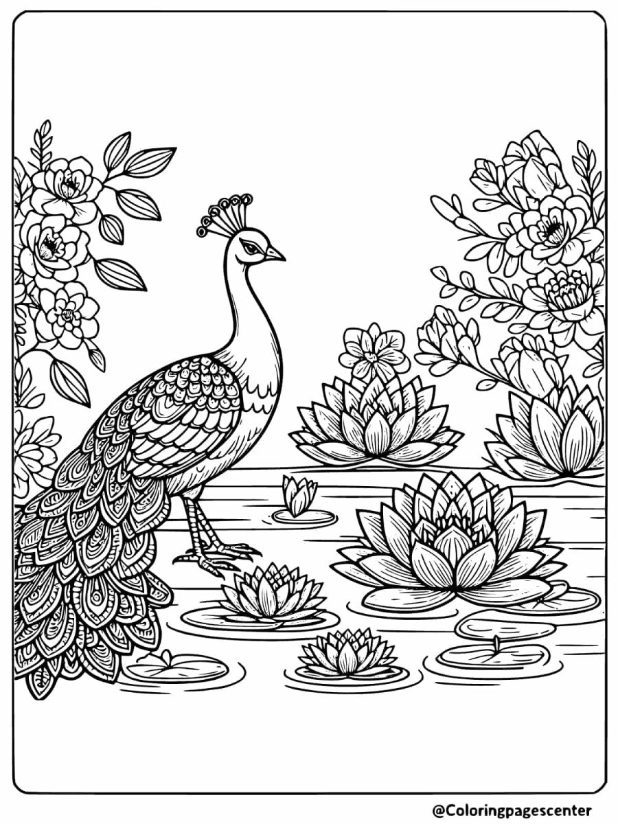 Peacock by lotus flowers in a pond coloring page