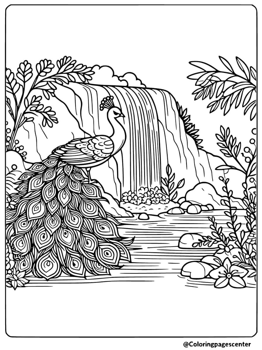 Peacock standing near a waterfall coloring page