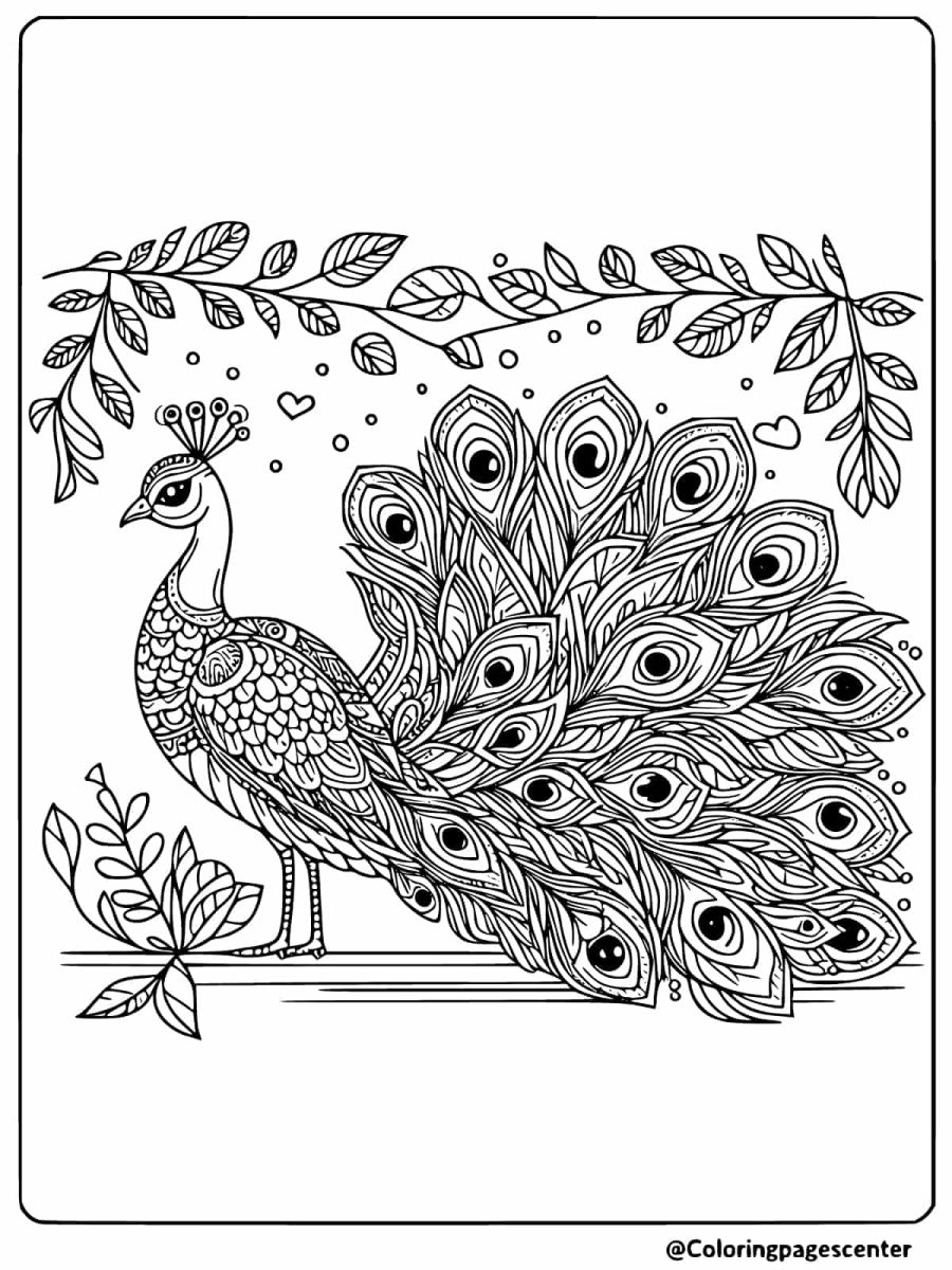 Peacock surrounded by flowers coloring page