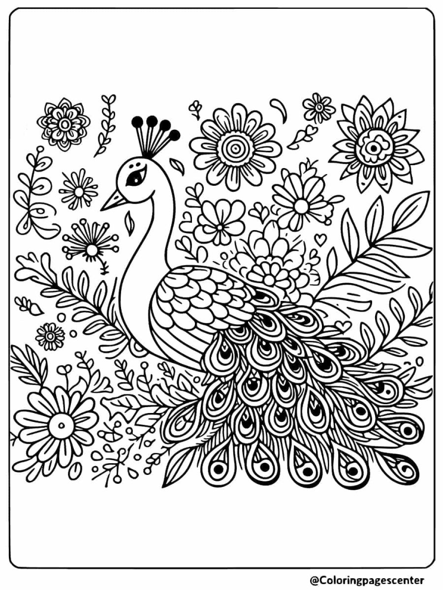 Peacock in a beautiful floral pattern coloring page