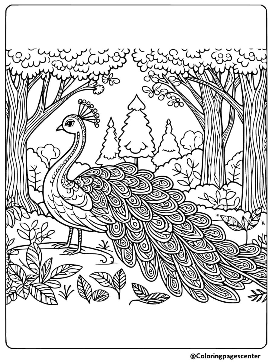 Peacock standing in a forest scene coloring page