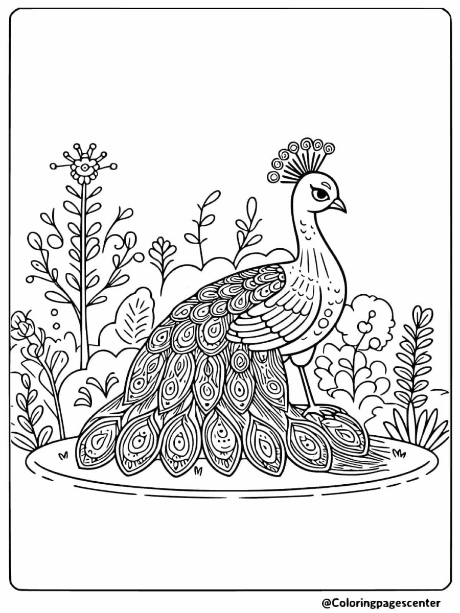 Peacock in a peaceful garden coloring page