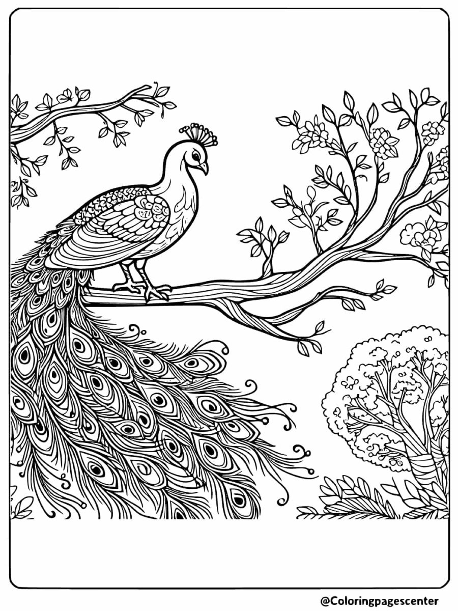 Peacock perched on a branch coloring page