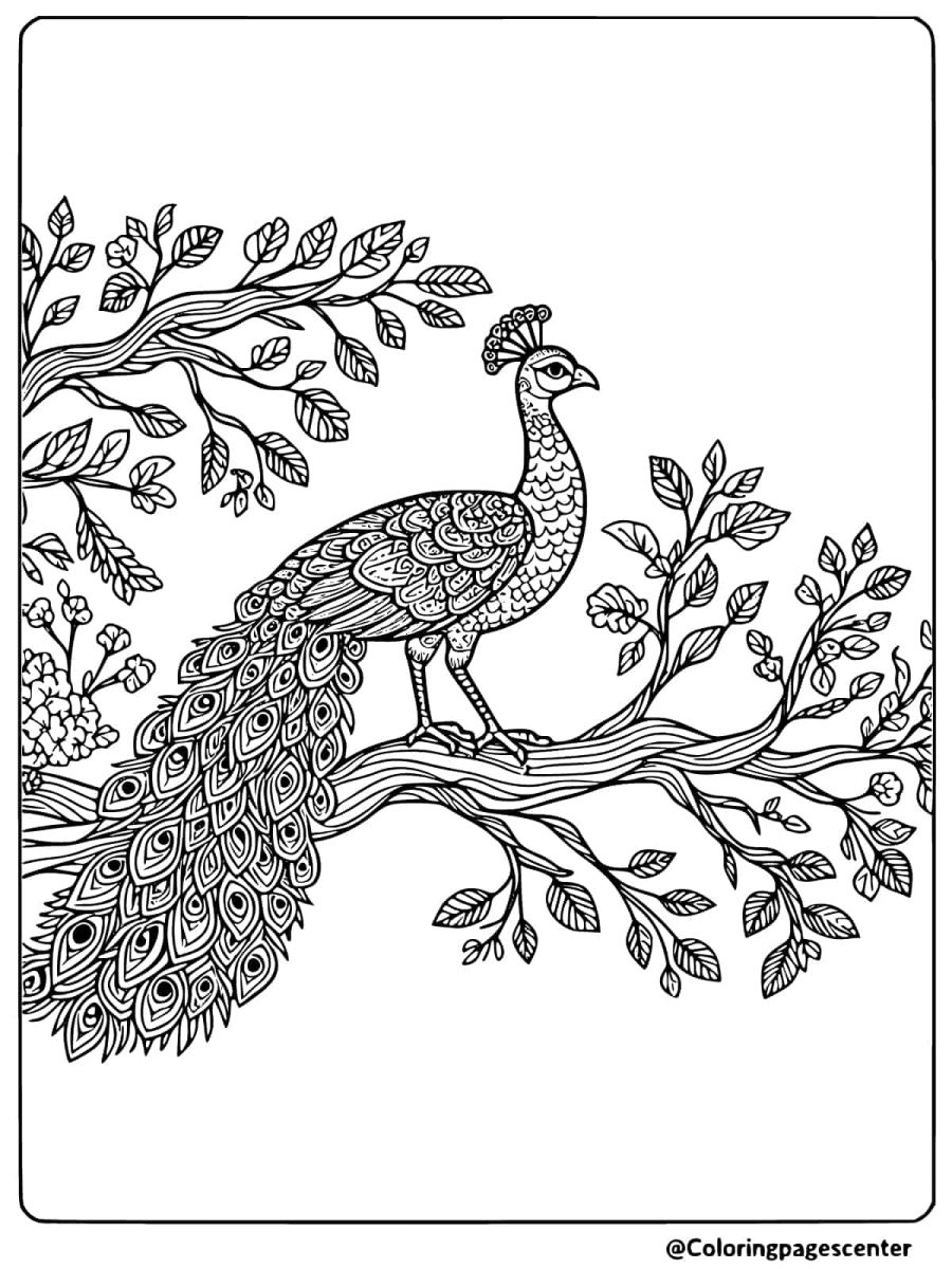 Peacock perched on a tree branch coloring page