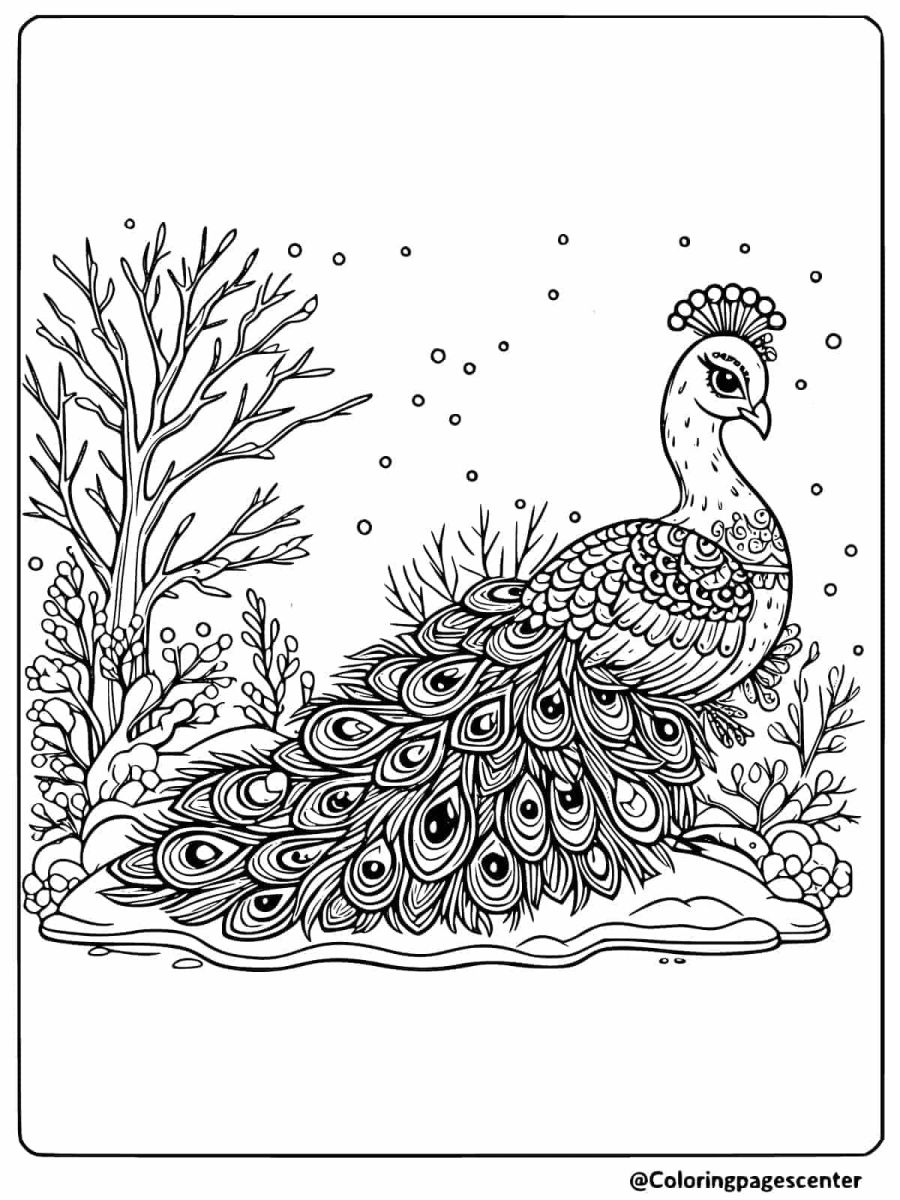 Peacock sitting by trees coloring page