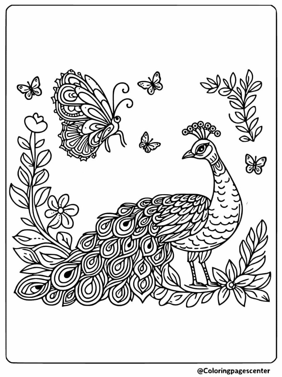 Peacock with butterflies in a nature scene coloring page