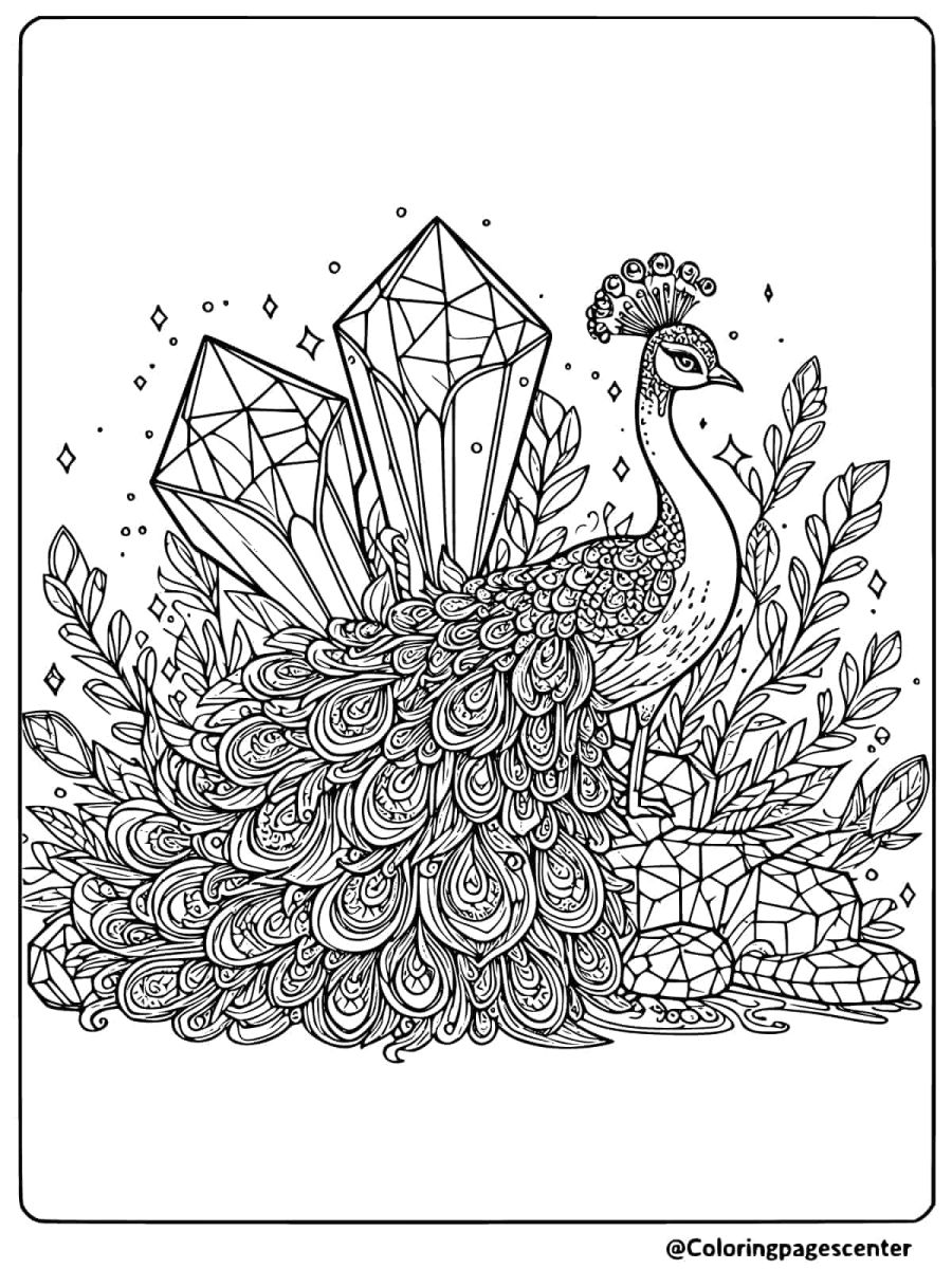 Peacock with crystals in the background coloring page