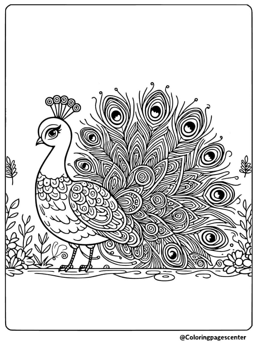 Peacock with elegant tail feathers coloring page