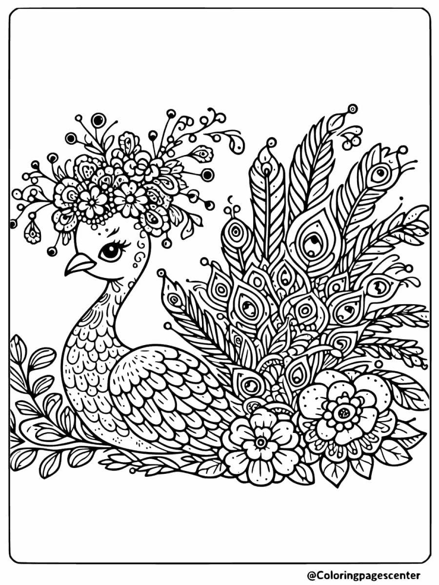 Peacock with floral crown and feathers coloring page