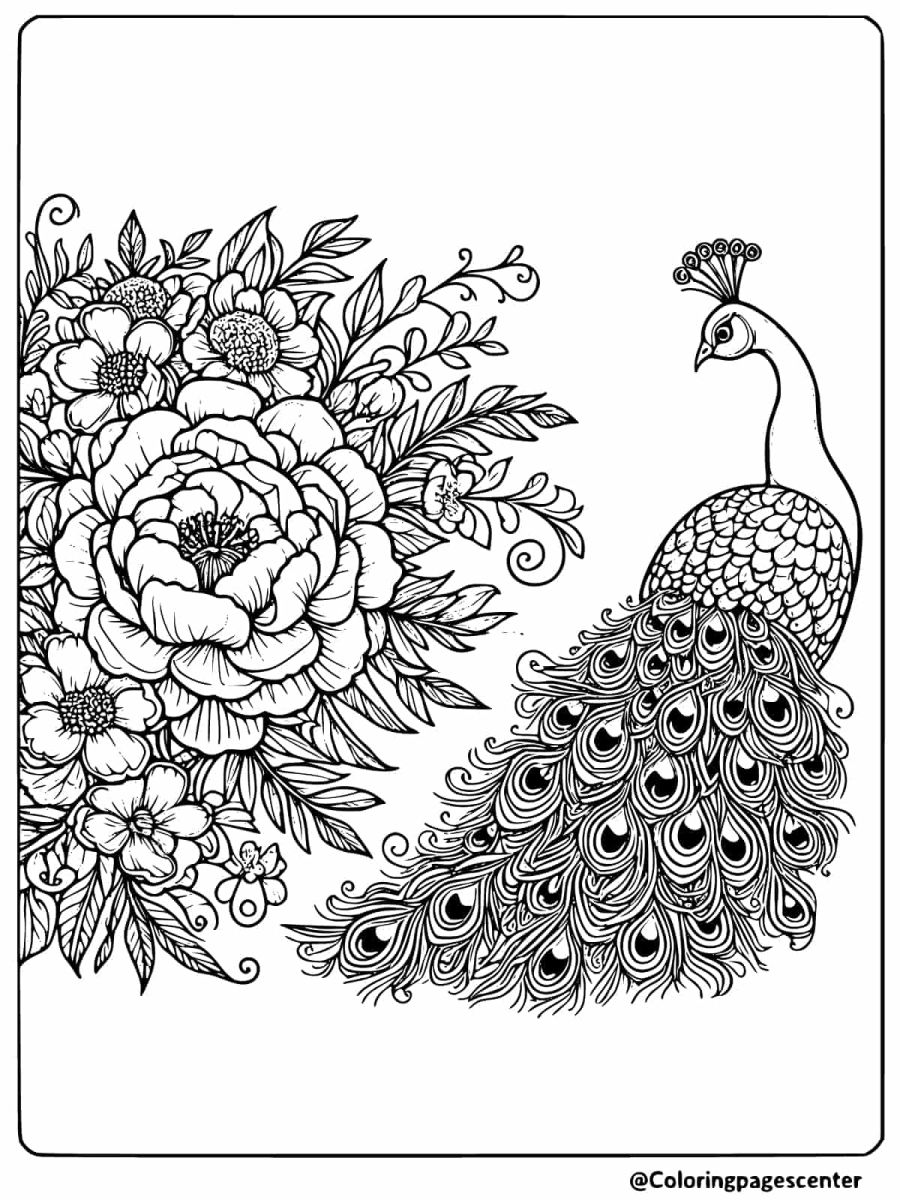 Peacock with floral details coloring page