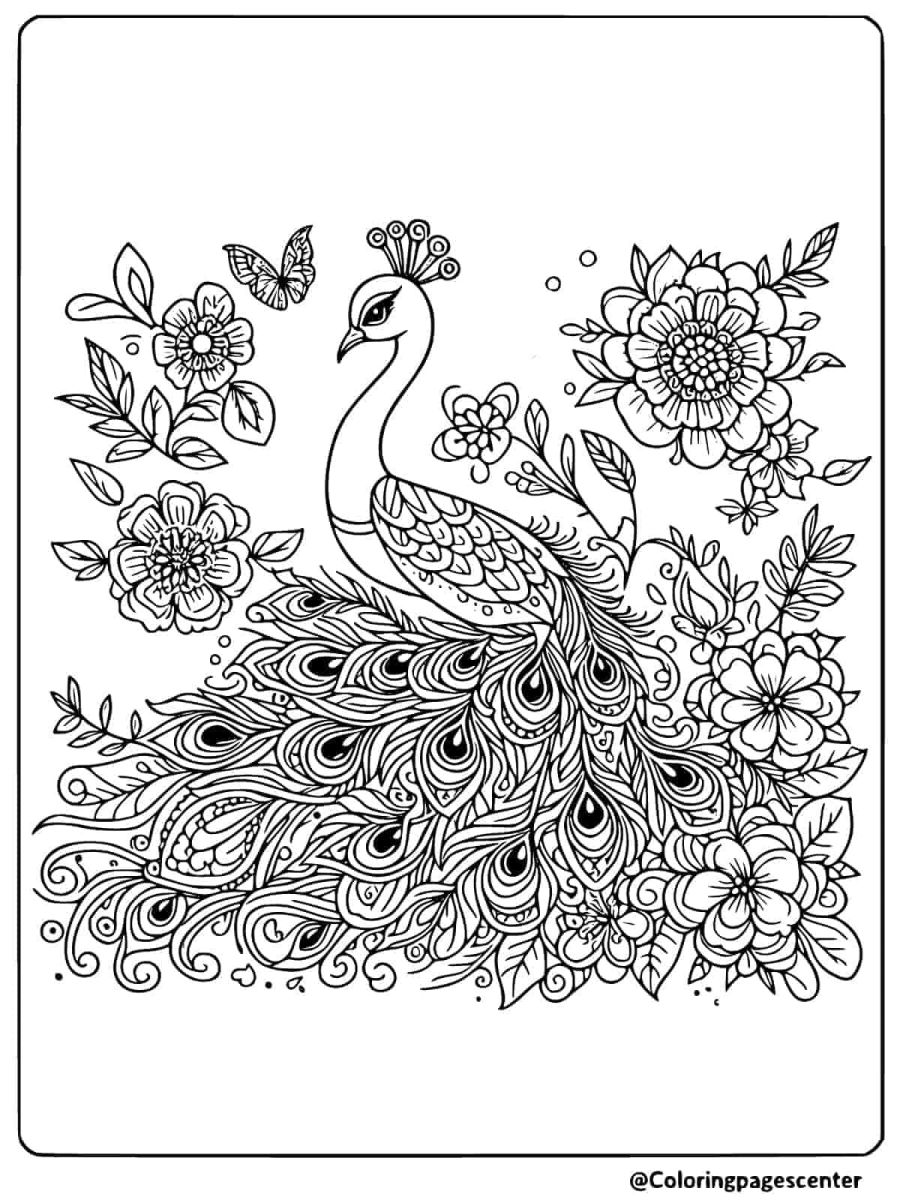 Peacock with flowers and butterfly coloring page