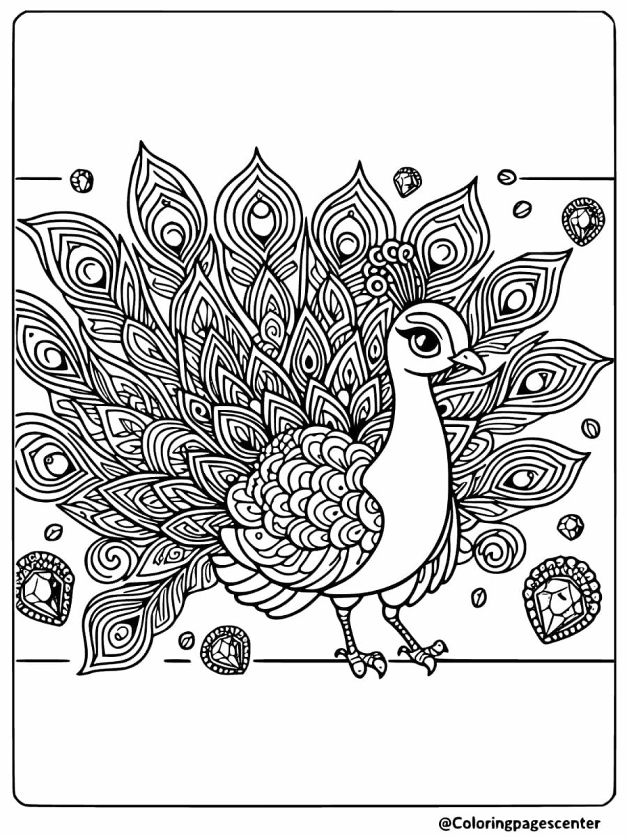 Peacock with gems and feathers coloring page