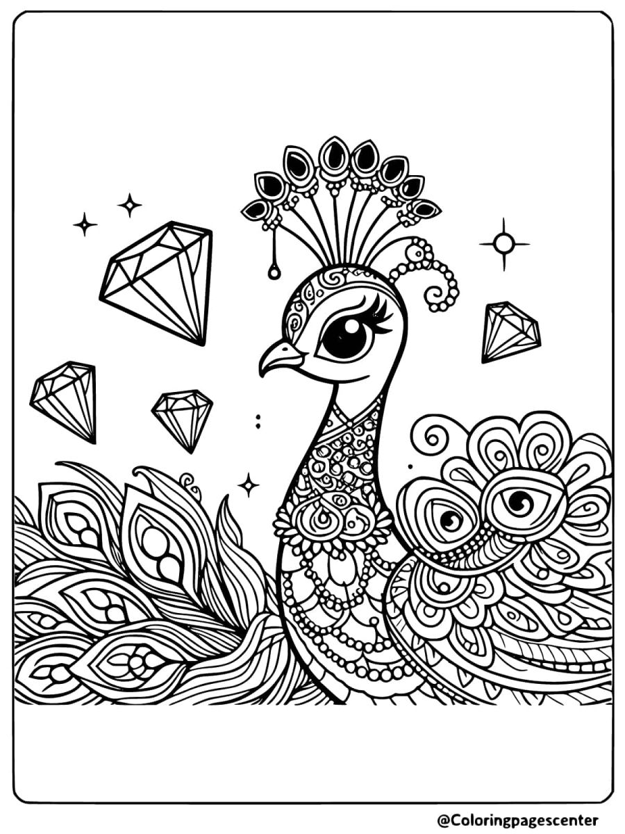 Peacock in front of gems coloring page