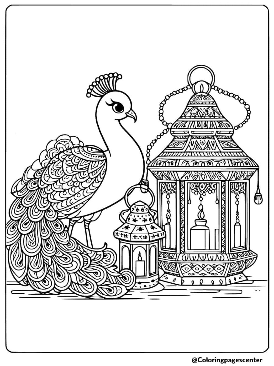 Peacock standing beside lanterns coloring page