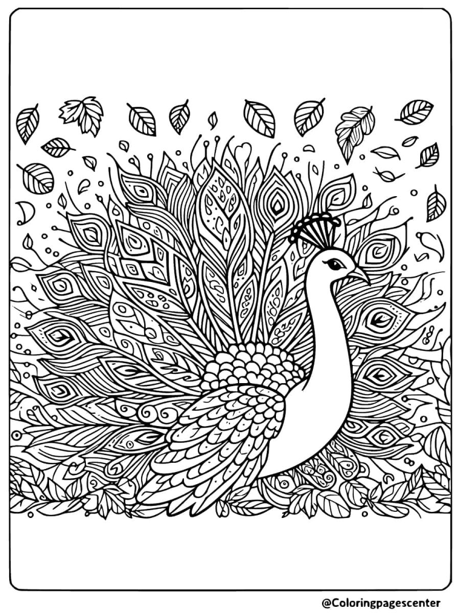 Peacock with leaves in the background coloring page